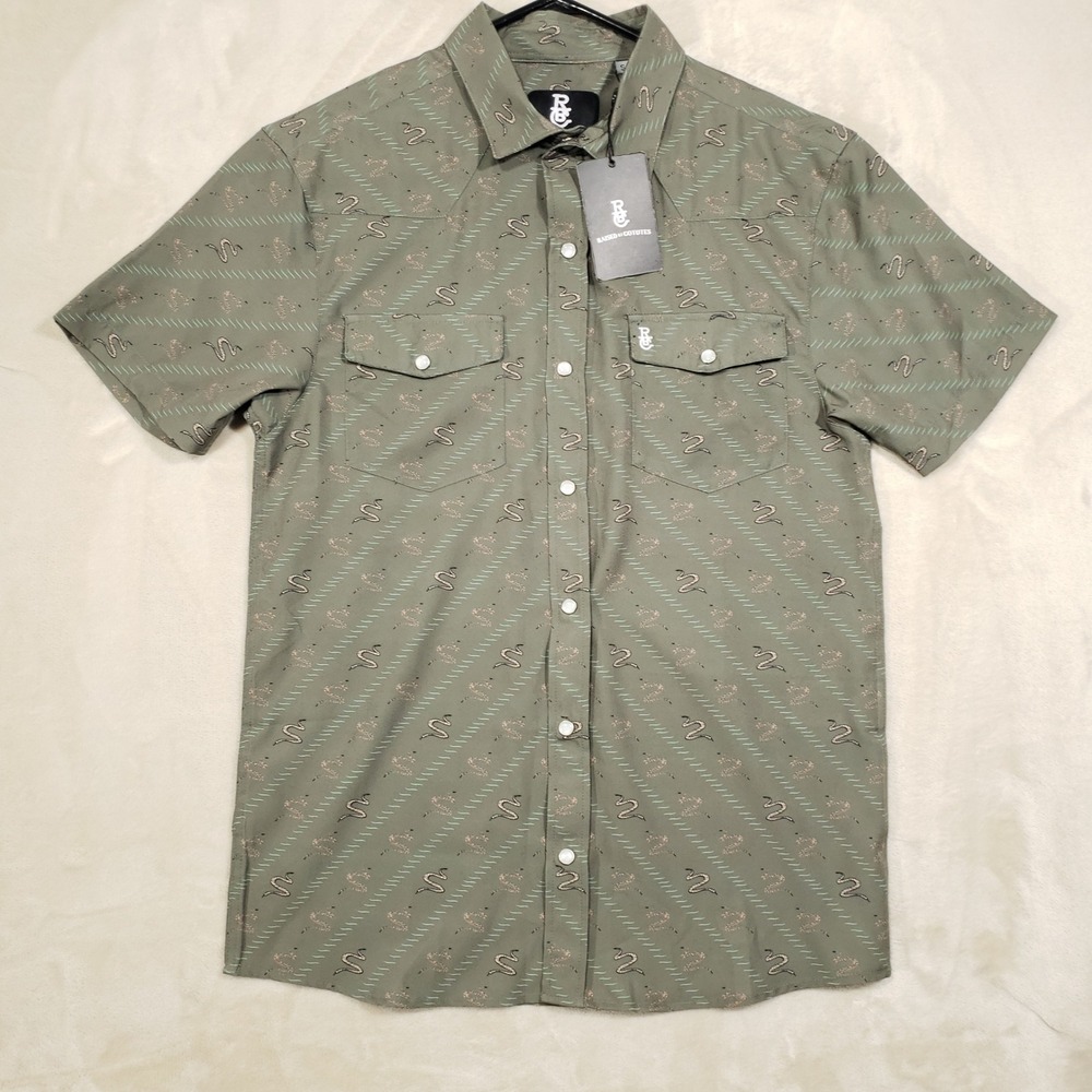 Raised By Coyotes Sidewinder Pearl Snap Shirt Men Small Green Snake Print NEW